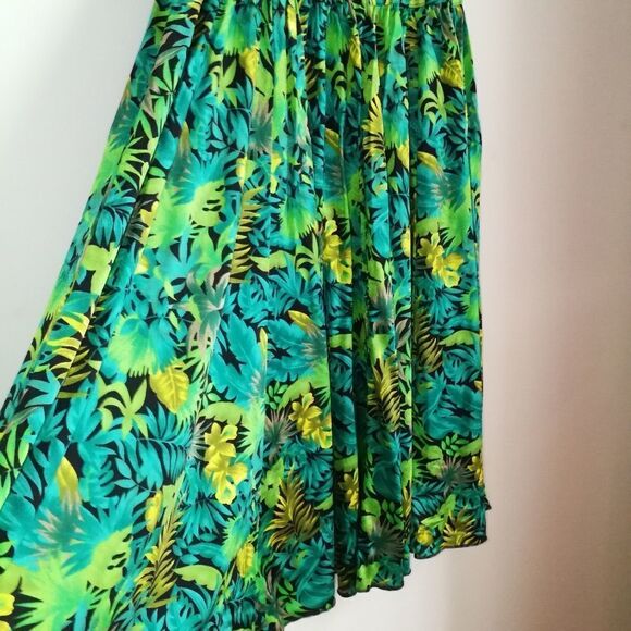 Vintage SLIX English Tropical Green Leaves Stretchy Midi Skirt Size Medium - Picture 4 of 11